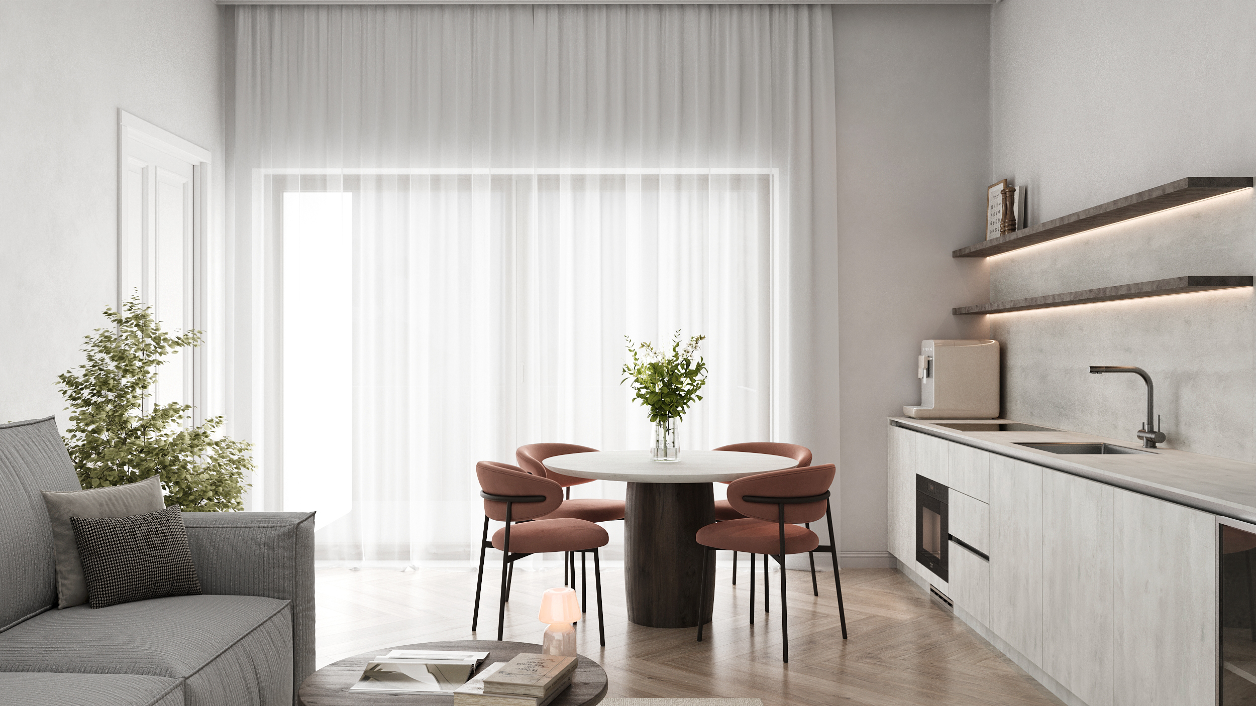 Essplatz vor bodentiefem Fenster, links das Sofa, rechts die Küchenzeile